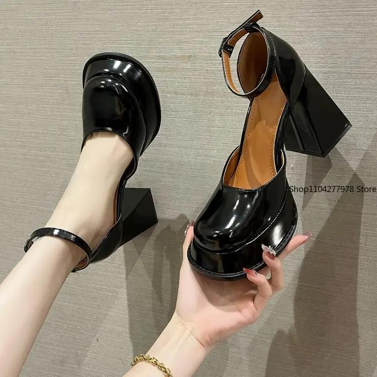 Fashion Vintage High Heels Mary Jane Shoes 2025 Women Patent Leather Platform Pumps Woman Elegant Solid Office Heels Thick-Heeled Shoes