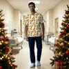 Men's Christmas Print V-Neck Short Sleeve Scrub Top with Chest Pocket