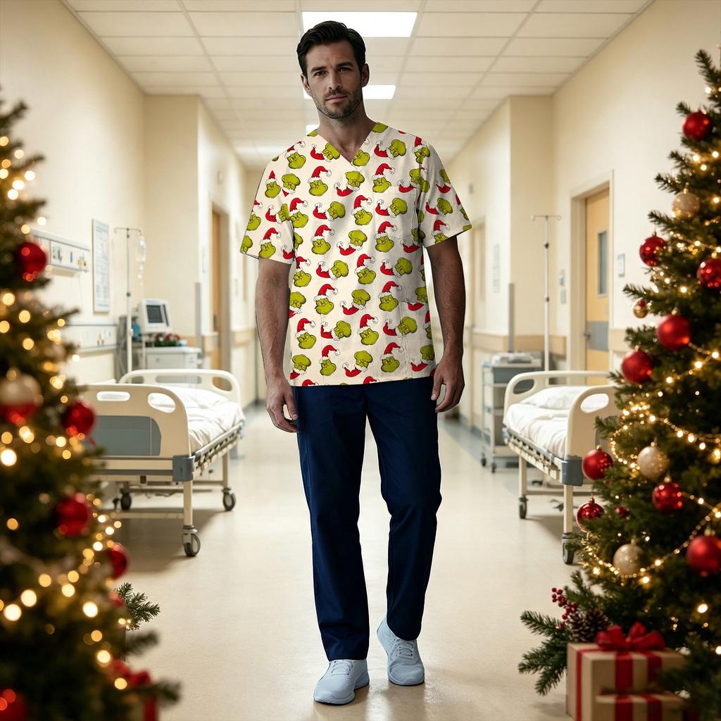 Men's Christmas Print V-Neck Short Sleeve Scrub Top with Chest Pocket
