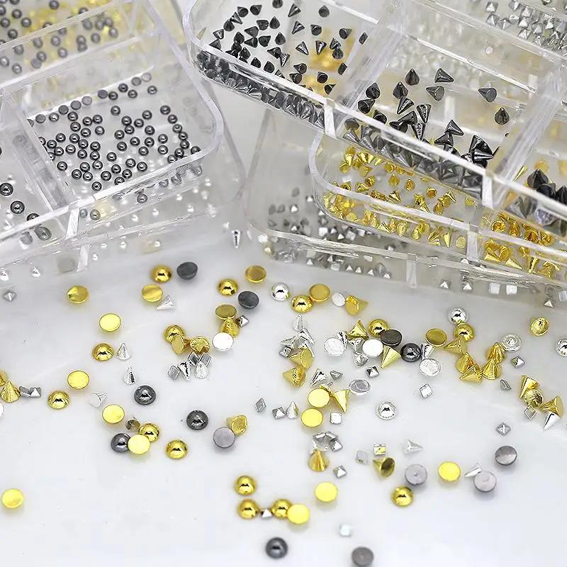 6 Grids Punk Nail Rivets Silver Gold Black Mixed Size Metal Bead Studs Round Cone Nail Art Charms Nail Parts DIY Decoration