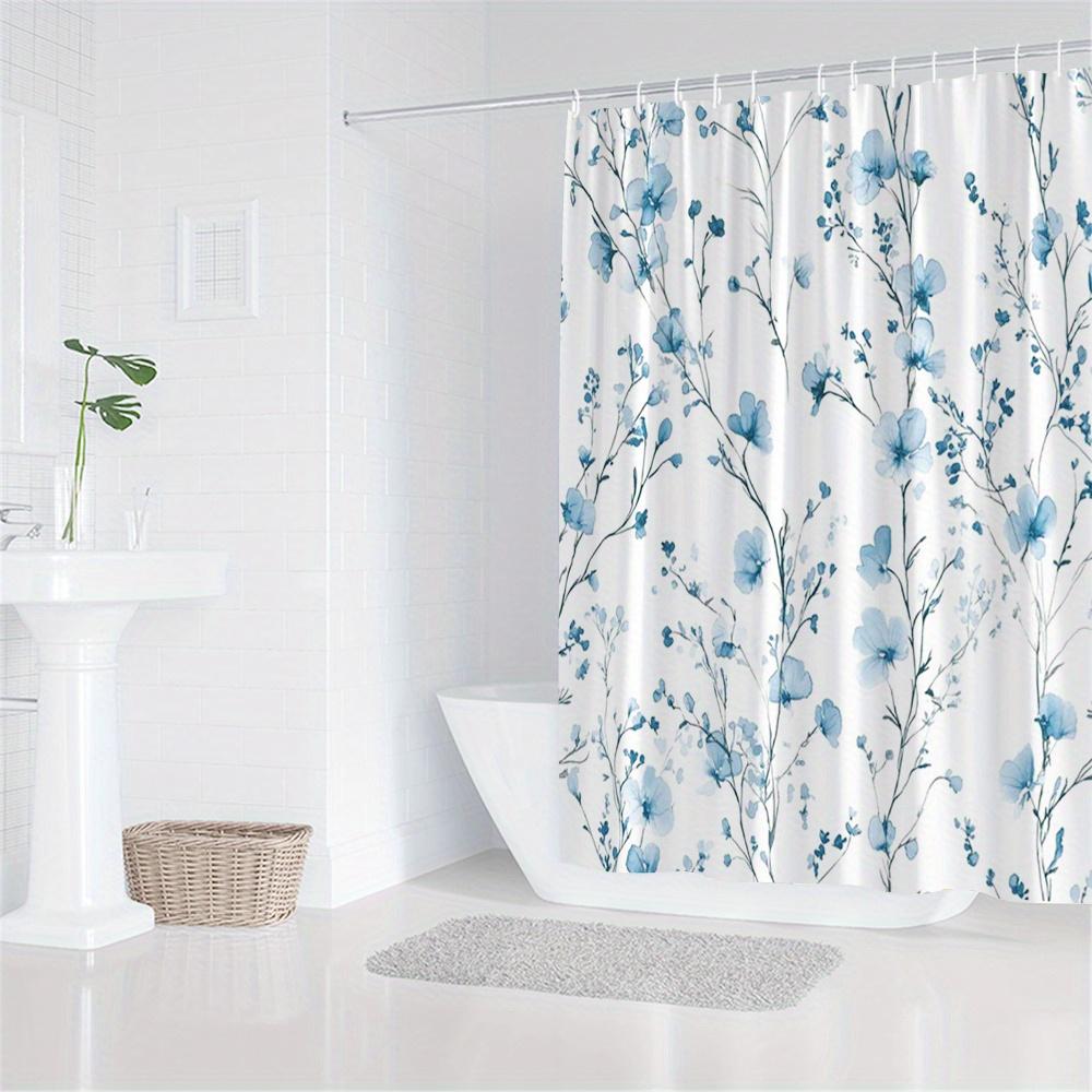 1 sztuka biało-niebieskiej zasłony prysznicowej w kwiaty, można prać w pralce, tkanina poliestrowa, z haczykami, odpowiednia do dekoracji łazienki