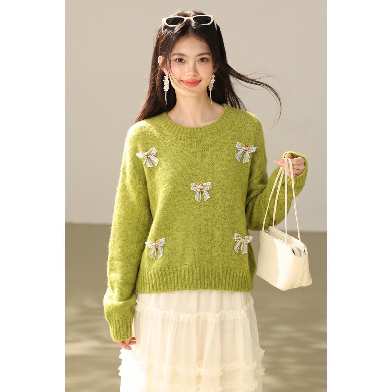 2026 Autumn Women's Versatile Round Neck Bow Knit Sweater with Long Sleeves