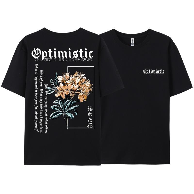 Optimistic Strive To Porsue Harajuku Flower Printing Men Women Tshirt Oversized Loose T Shirts Cotton Short Sleeve Hip Hop Tees