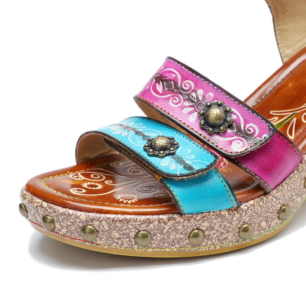 Johnature Genuine Leather Summer Women Shoes Handmade Vintage Rivet Contrast Color Comfortable High Heel Sandals