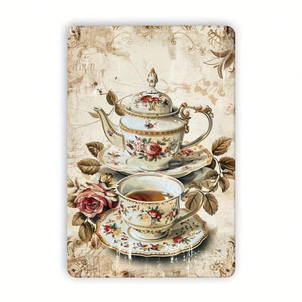 Vintage Rose Cup Metal Wall Poster 8x12 Inch Cafe Decor Gift