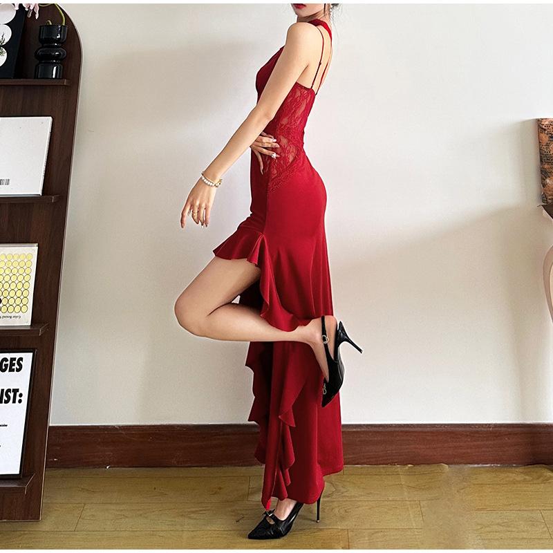 Sexy Schrägkragen-Trägerkleid Damen Spitze Patchwork Rückenfrei Ärmellos Slim Lange Kleider 2025 Neu Damen Rüschen Schlitz Partykleid