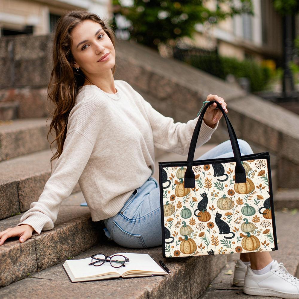 Autumn Pumpkin Cat Print Tote Bag Casual Reusable Daily Shopping Handbag