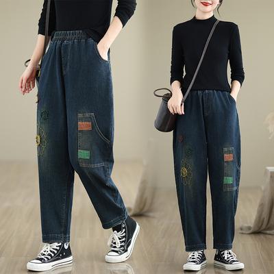 Retro Patch Embroidered Washed Jeans Plus Size Women's Autumn Stretch High Waist Slimming Harlan Daddy Pants Trousers