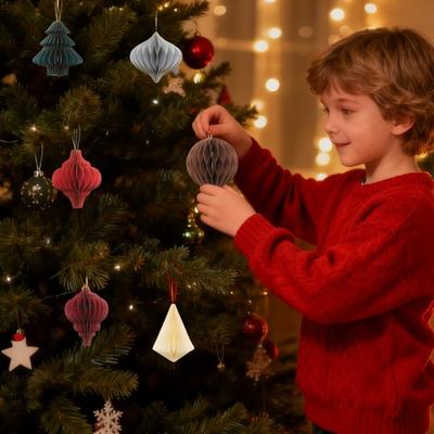 Vianočné papierové voštinové ozdoby na stromček 3D papierová voštinová lampa s trblietavým okrajom pre vintage neutrálnu vianočnú párty domácu dekoráciu