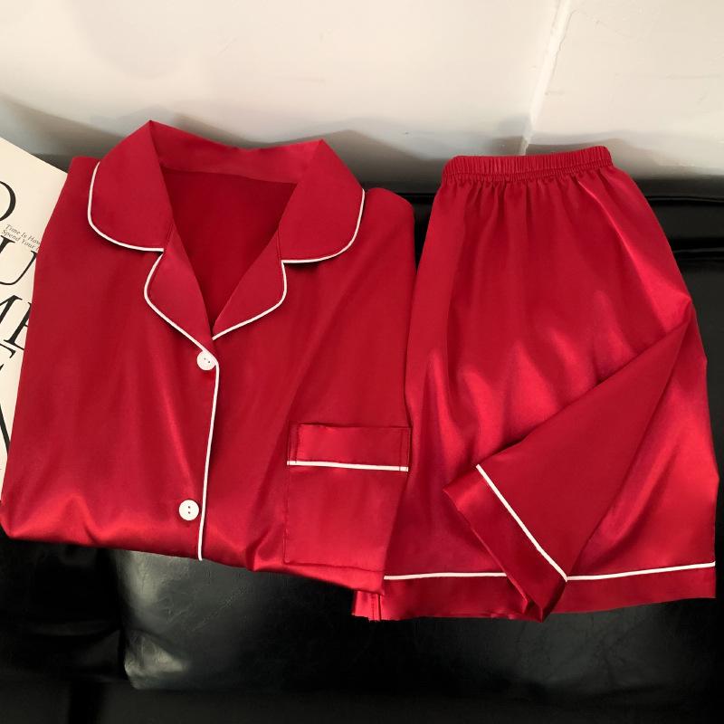 Foreign Trade Red High-End Ice Silk Pajamas Women'S Short-Sleeved Shorts Summer Thin Silky Loungewear Two-Piece Set