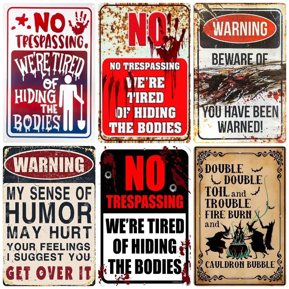 Vintage Witch Halloween Wall Art Poster, No Trespassing Metal Sign, Warning Tin Plates for Gift, Bar Party, Room Decoration WY68