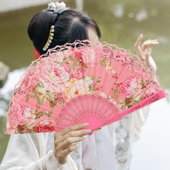 Éventail pliant Vintage en dentelle, motif de fleur de pivoine, éventail de danse chinoise portatif, main d'été pour la photographie et les événements de danse