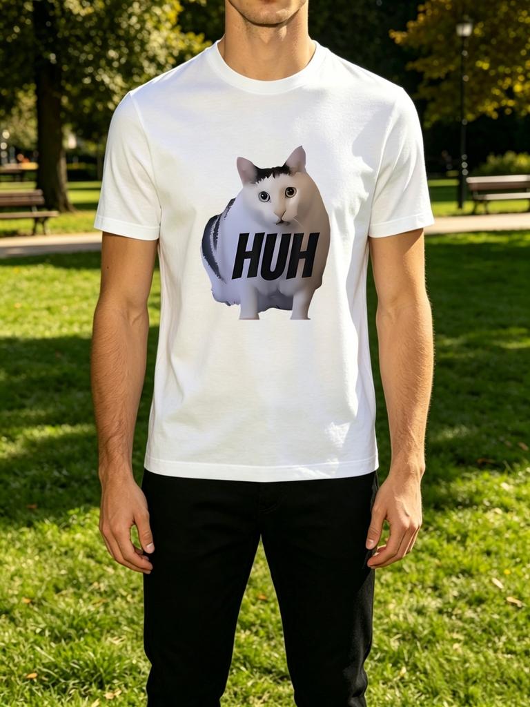 Funny Confused Huh Cat Meme Pattern Front Graphic Print Unisexs Crew Neck Short Sleeve Tee Casual Daily Soft Basic Wear Top