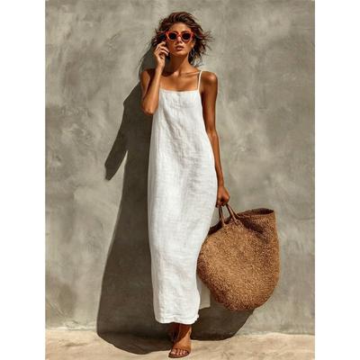 Womens Casual Solid Color Linen Sleeveless Maxi Dress