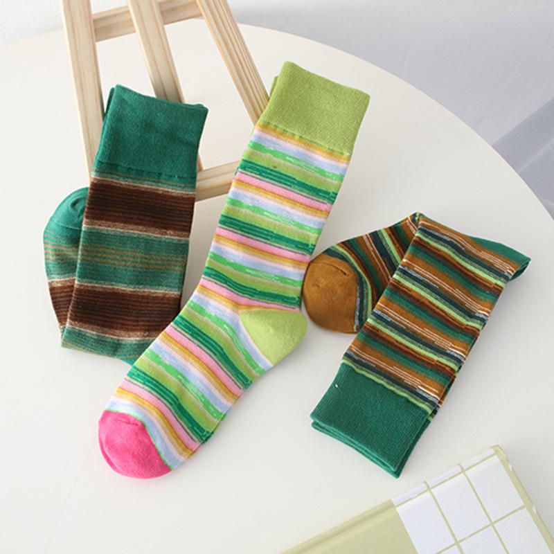 Ladies Spring and Autumn Color Assorted Striped College Wind Tube Cotton Socks