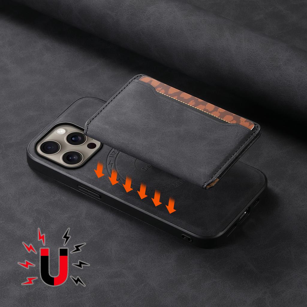 DENIOR D13 For iPhone 16 Pro Magnetic Case Card Holder Leather Coated PC+TPU Phone Cover