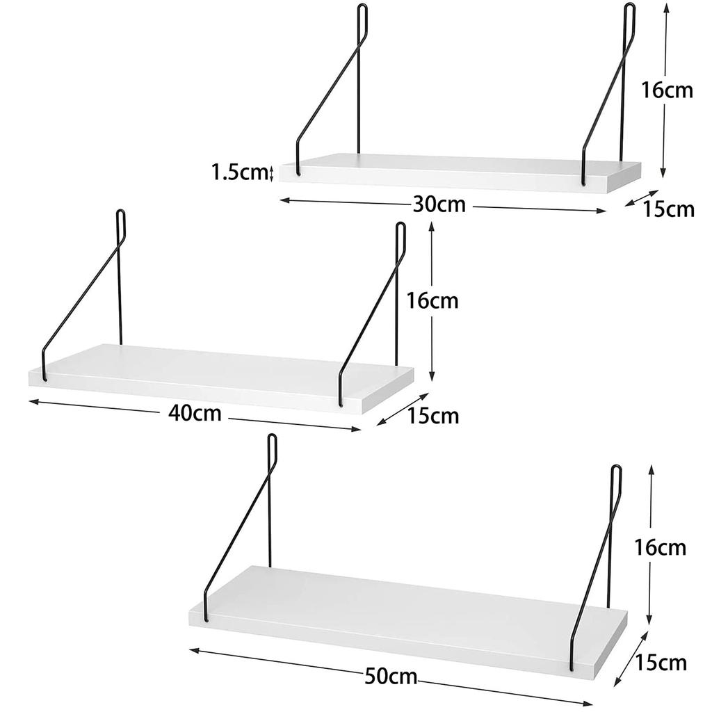 Natural Wood Wall Shelf, Iron Wire Wall Shelf, Perfect for Rentals, Display Shelf, Wall Storage, No-Trace Nails, Screws Included (White, Set of 3)