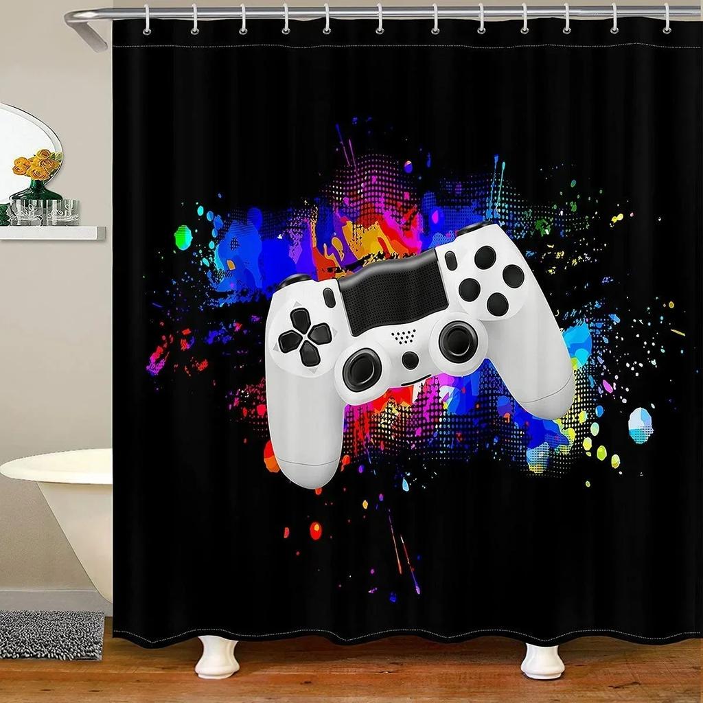 Modern Gamer Shower Curtain Video Game Controller Bath Curtain Room Decor Bright Colorful Geometry Waterproof Bathroom Curtains