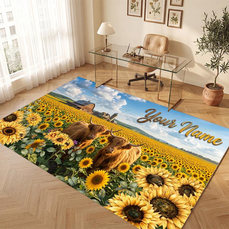 Highland Cow Theme Soft Crystal Velvet Rug Custom Name & Text Print Non Slip Floor Rug for Bedroom Living Room