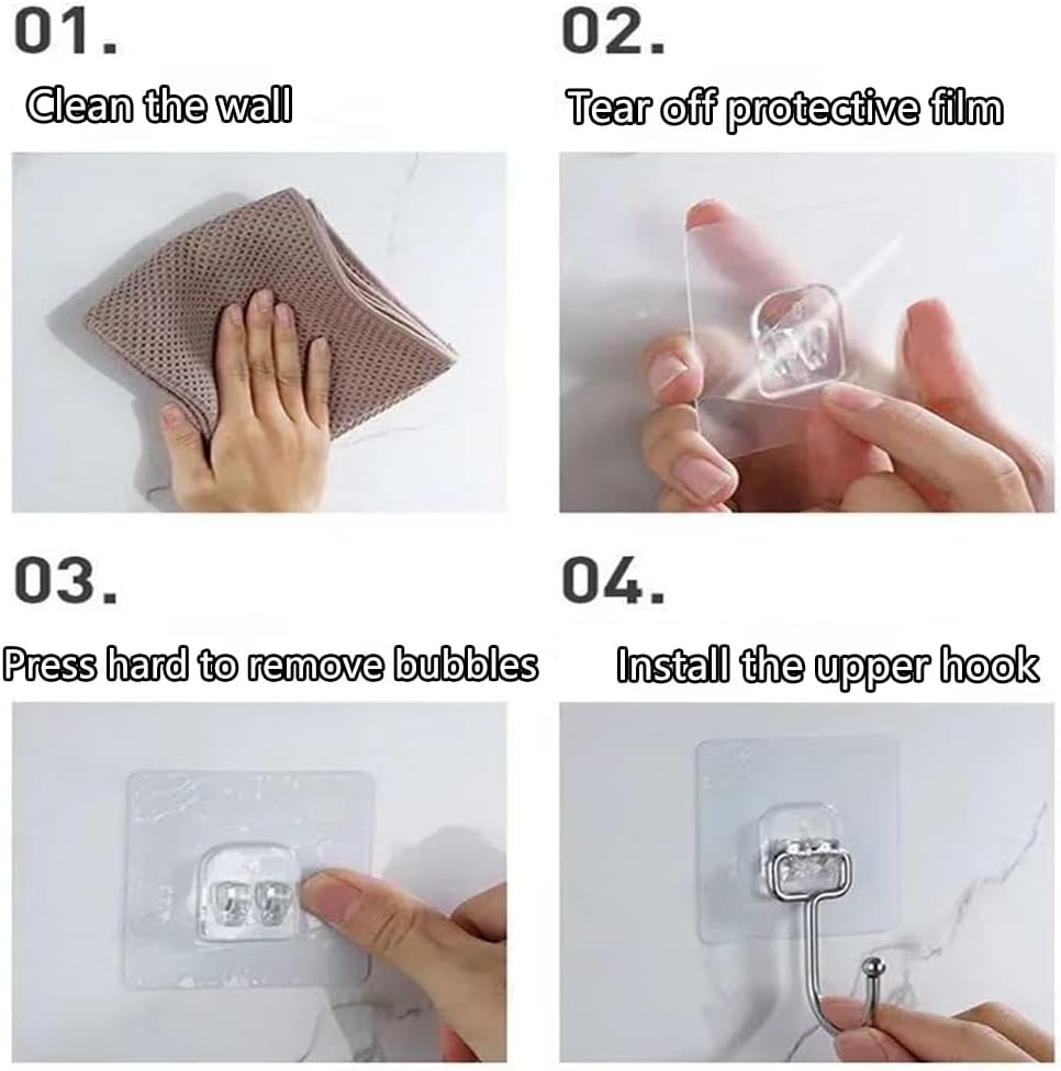 20 Pack Clear Adhesive Hooks No Drill Sticky Wall Hooks Stainless Steel Waterproof Self Adhesive Hangers Heavy Duty Up To 20KG for Bathroom Kitche