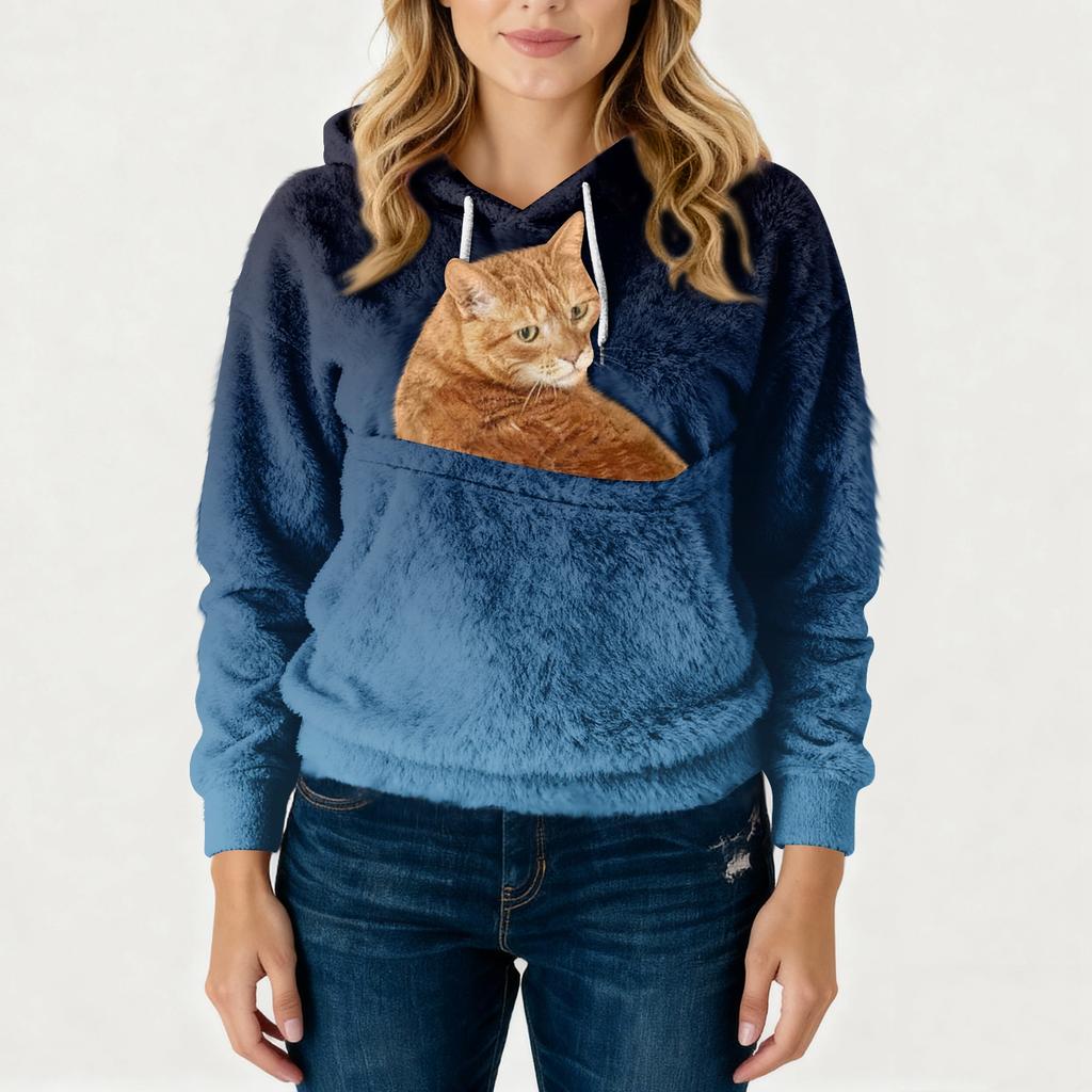 Damen Modisches Lässiges Fleecegefüttertes Langarm-Taschen-Kapuzen-Sweatshirt mit Aufdruck