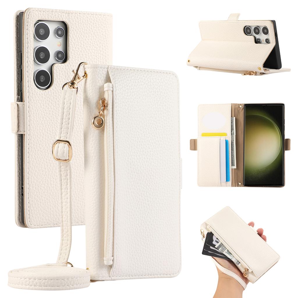 For Samsung Galaxy S23 Ultra Wallet Phone Case Shockproof TPU+PU Leather Flip Cover with Mirror,Strap