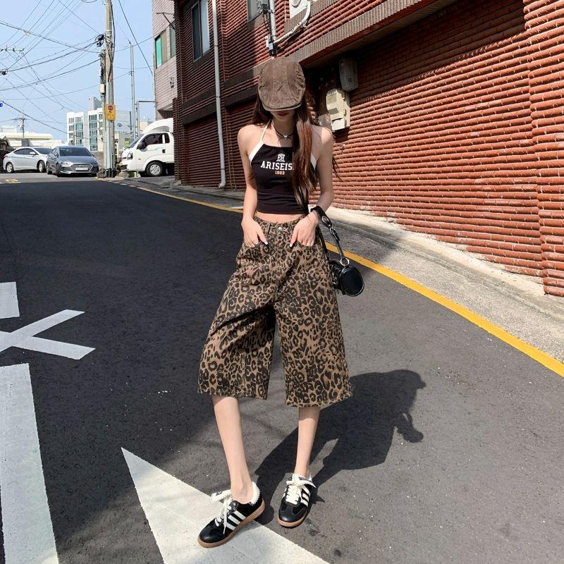 Gedijie leopard print wide leg denim shorts, women's high waisted versatile casual loose straight leg pants
