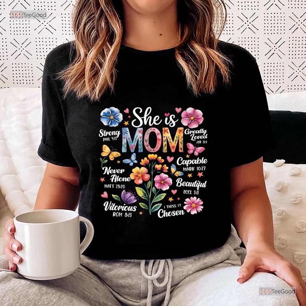 Christian Mothers Day T-shirt, She Is Mom Bible Verses Boho Floral Shirt Gift
