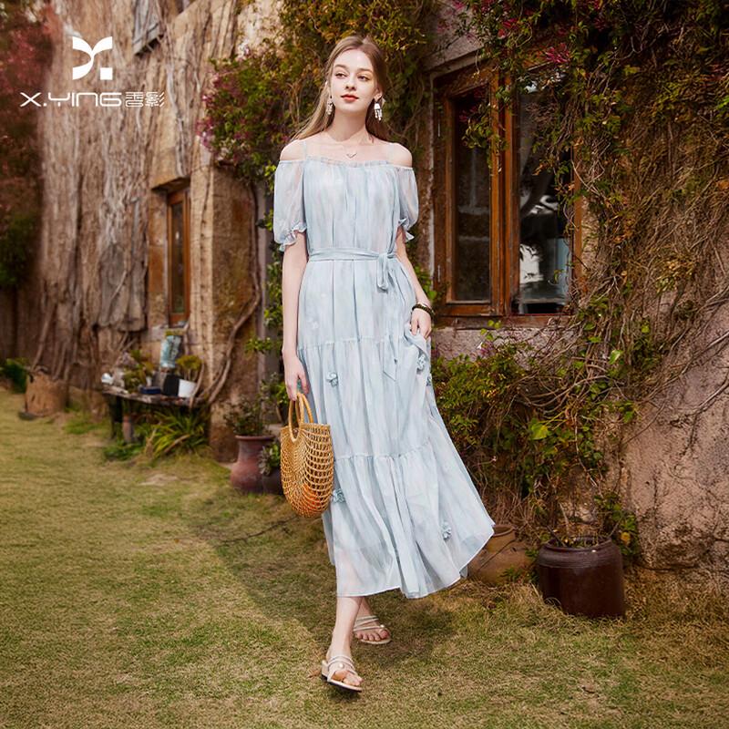 Xiangying 'Flower Whisper' Blue Tie-Dye Off-Shoulder Bubble Sleeve Midi Dress