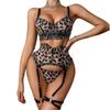 Women'S 3 Pieces Set Exquisite Leopard Lace Embroidery Lingerie Sets Hot Sexy Erotic Costumes See Through Bra Panty With Garters