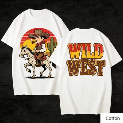 Playful Wild West Cowboy Art Graphic TShirt Bold Gradient Vintage Print Loose Fit Cotton Tee Aesthetic Unisex Top