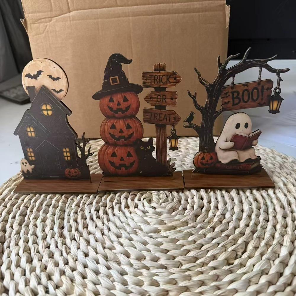 3Pcs/Set Vintage Style Halloween Wooden Decoration Wooden Ghost Black Cat Pumpkin Theme Vintage Wooden Block Shelf Decoration
