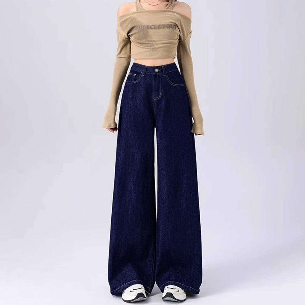 

Харадзюку универсальные драпированные широкие джинсы весна и осень новые модные и тонкие прямые джинсы, подметающие пол L темно-синий