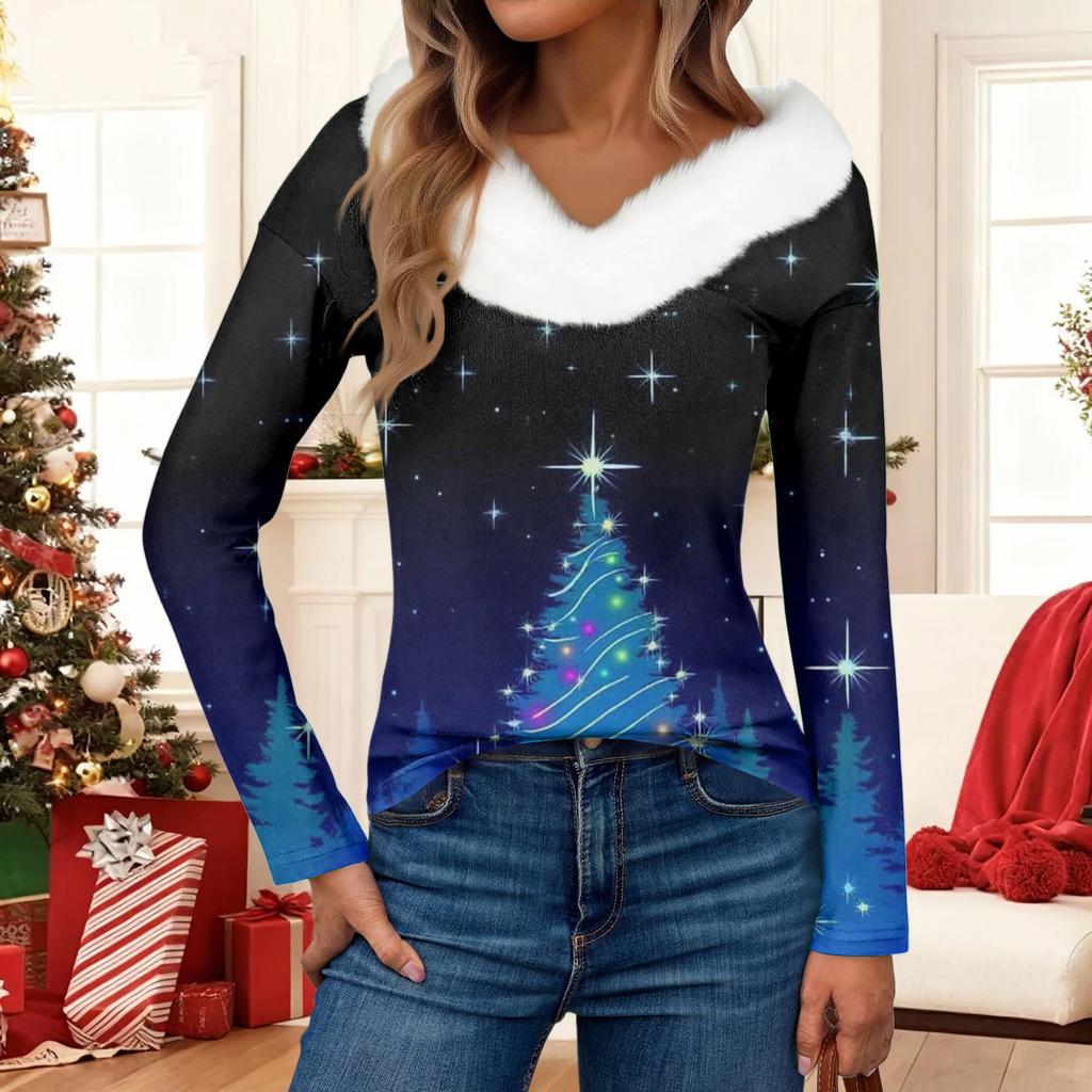 Women's Fashion Casual Long Sleeve Christmas Printed Plush Collar V-Neck Top