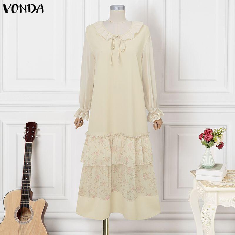 VONDA Summer Women Round Neck Long Sleeve Floral Patchwork Pleated Long Dress M абрикосовый