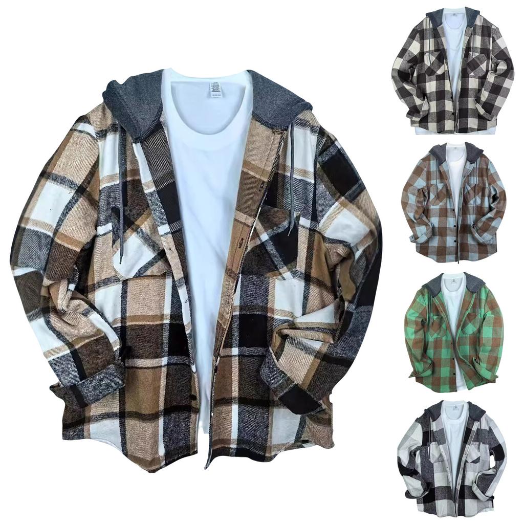 Men's Striped Plaid Casual Loose Button Lapel Long Sleeve Hooded Cardigan Shirt Jacket