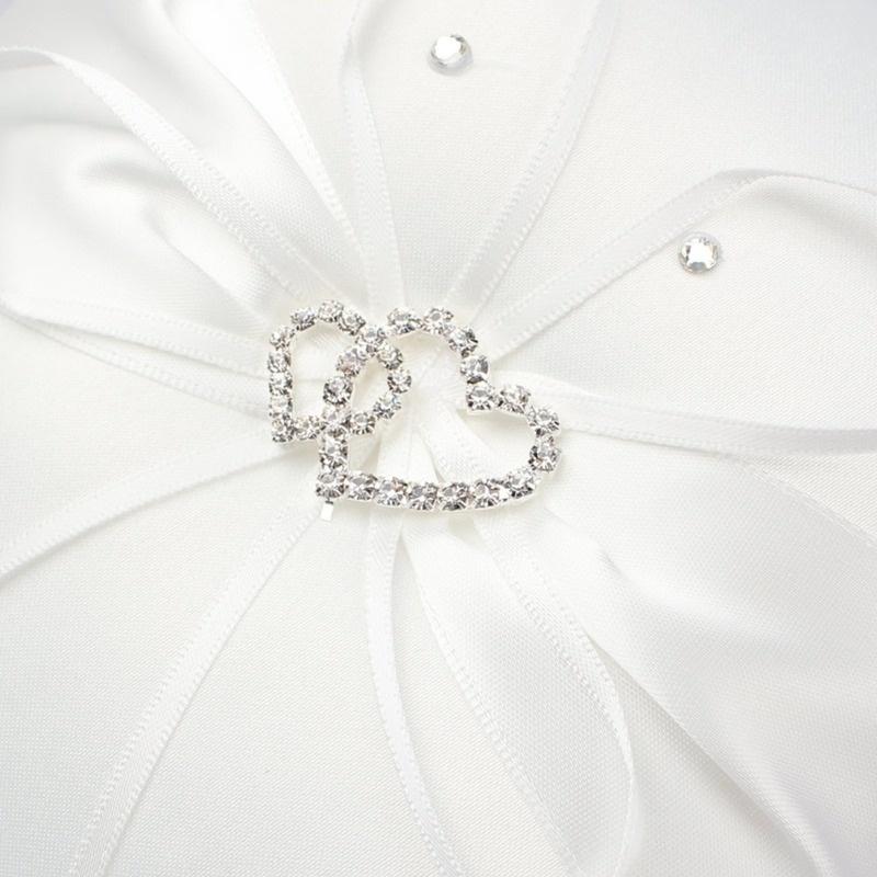 1 st 20*20 cm Bröllopsdekoration Ringkudde Dubbelt Hjärta Handgjord Rosett med Band Strass Festtillbehör