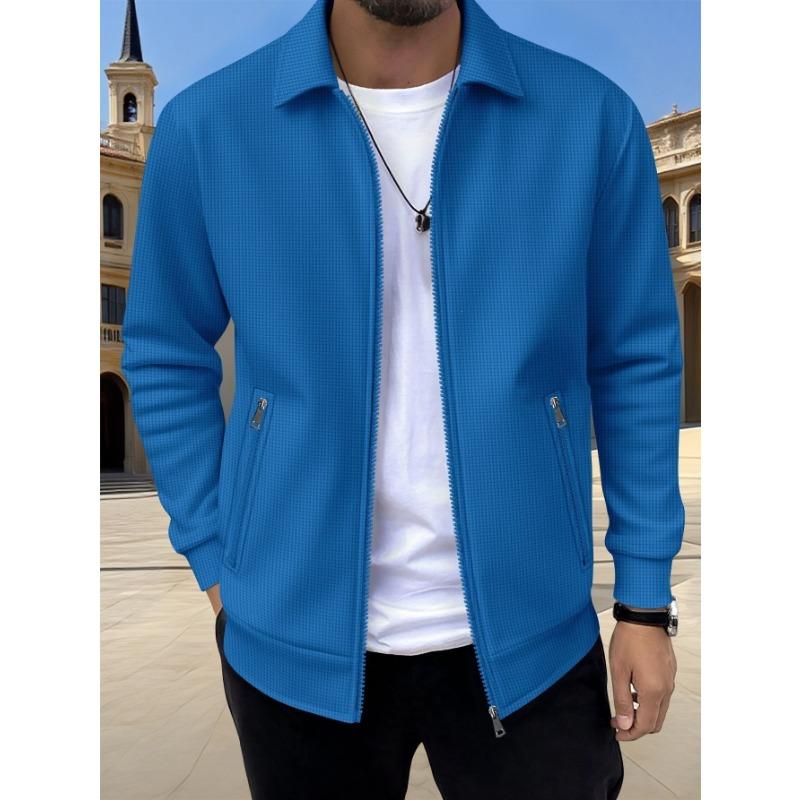 Men S Waffle Solid Color Lapel Zip Up Jacket