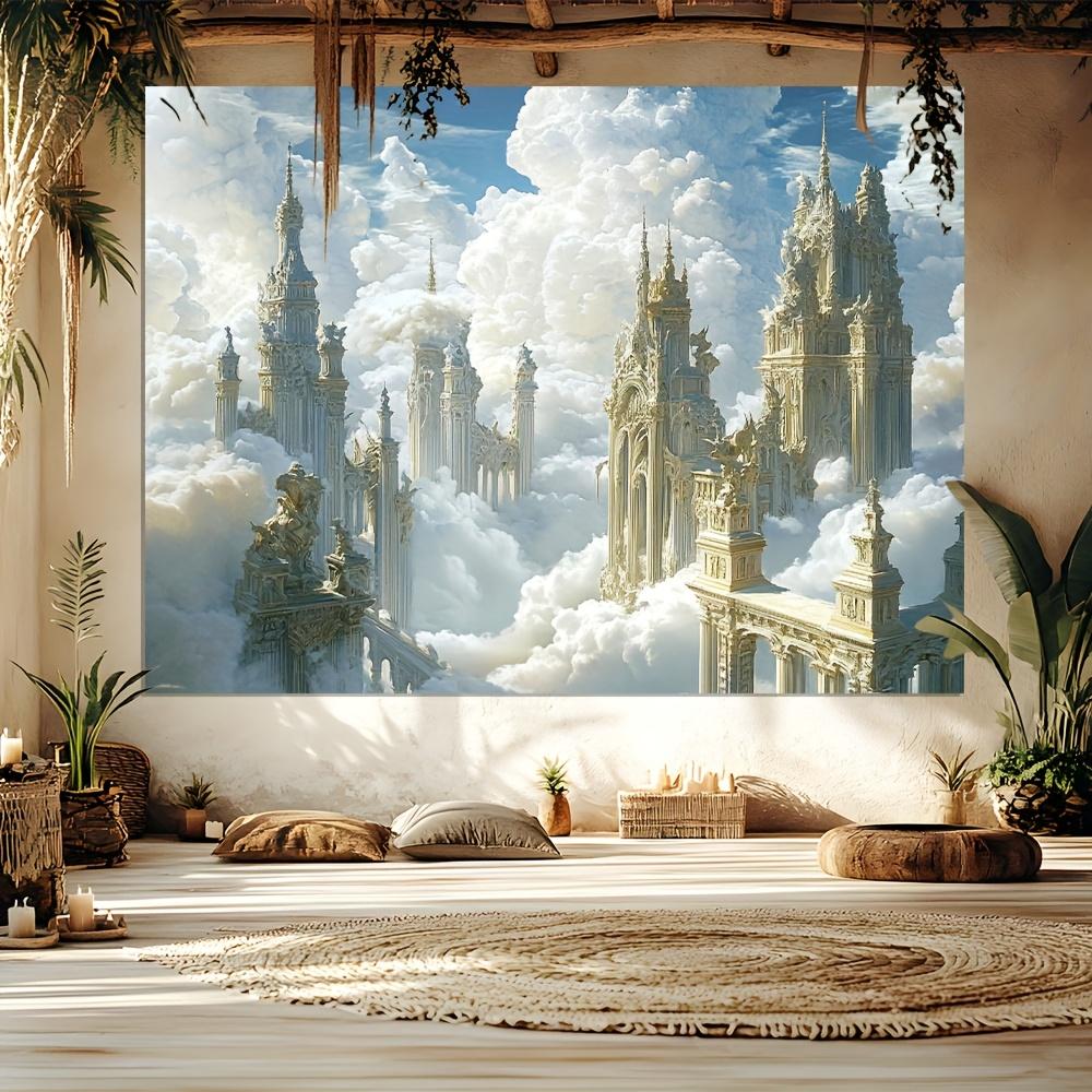 A tapestry of magnificent castles floating above a sea of clouds. Intricate Carved Living Room Bedroom Decorative Wall Cloth 100X70CM