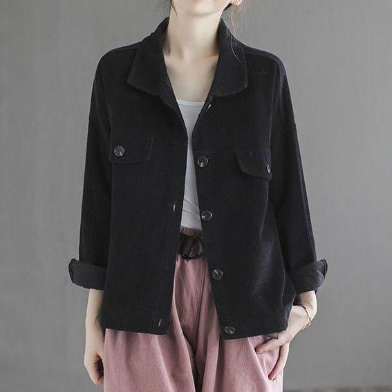 Corduroy Short Jacket Women In Spring Autumn, Solid Color, Lapel, New Loose, Small, Casual Striped Top