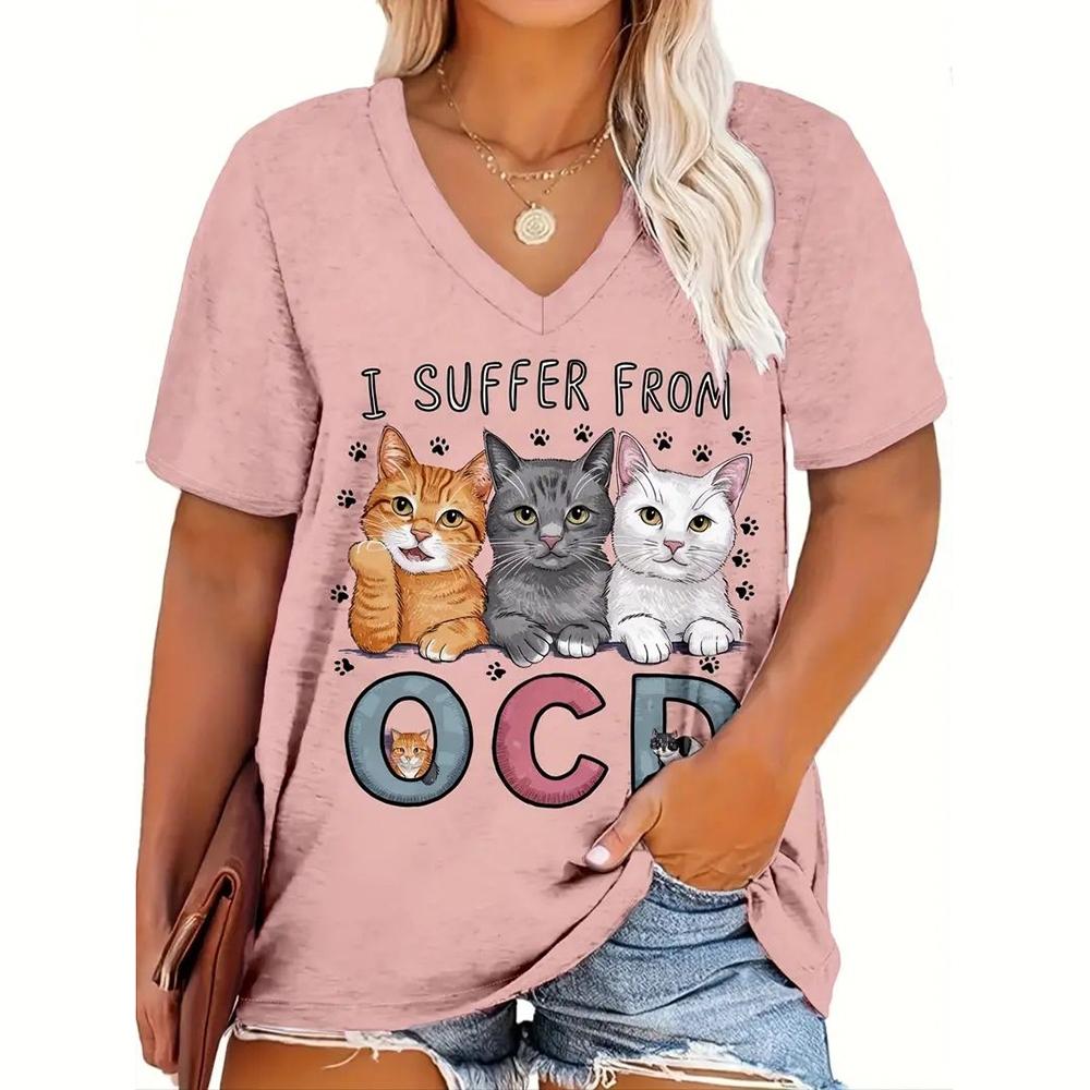 Dámská trička Kočky Tisk Ležérní Výstřih Krátký rukáv Volný Top Dámské Kreslené Oblečení Zvířata Móda Dívčí trička nadměrné velikosti