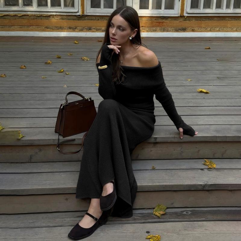 Off Shoulder Casual Dress Knitwear Maxi Dress Female Slim Elegant Fashion Autumn 2025 Ribbed Knit Dress For Women Long Dress