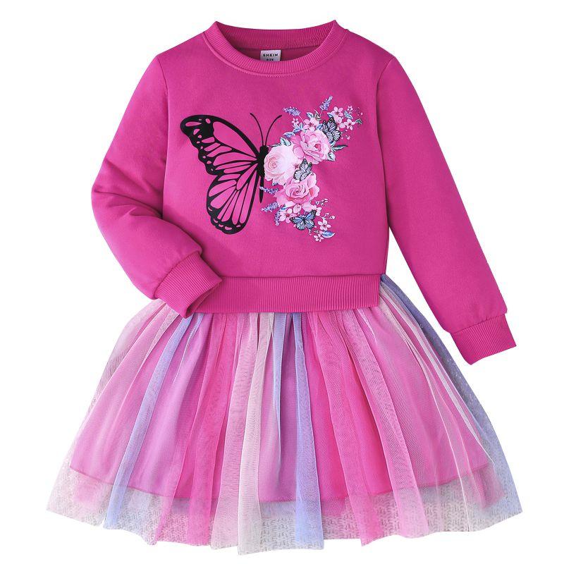 3-13 Years Kids Girls Fake Two Pieces Clothes Mesh Skirt Sweatshirt