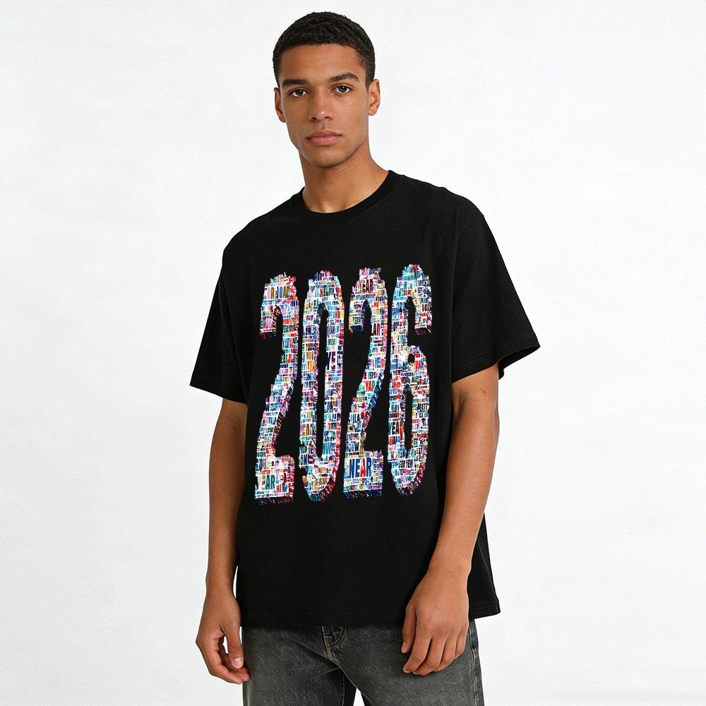 2026 Themed Word Art Print Casual Unisex Commemorative Tee Pure cotton T-shirt