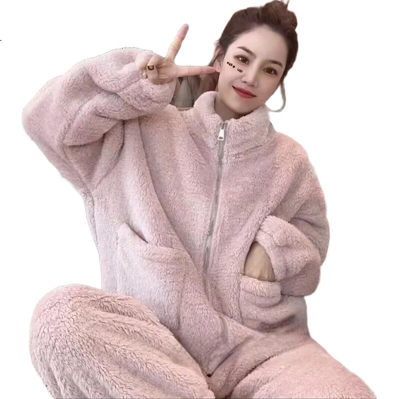LangSha Korean Style Women's Autumn Winter Fleece Thickened Flannel High Neck Warm Set Casual Homewear Outerwear