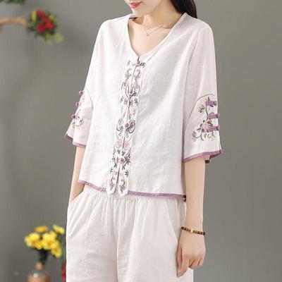Summer Women's Clothing Shirts Blouse Vintage Casual Camisas Woman Blouses Cotton Linen V-Neck Embroidery