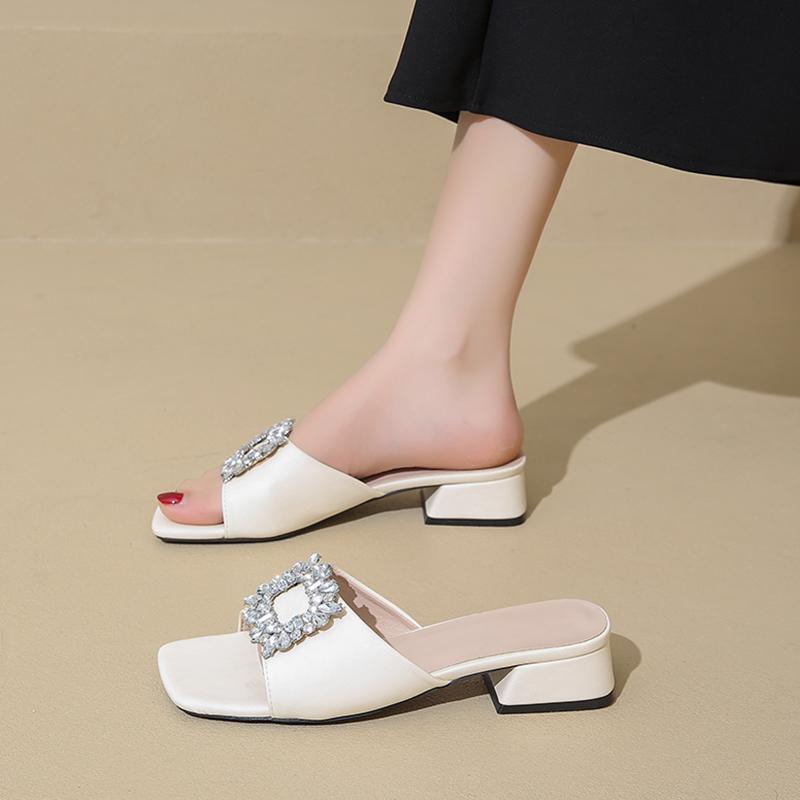 Women Sandals Summer New High Heel Square Head Open Toe Rhinestone Sandals Casual Comfort Simple Square Shoes Sandalias De Mujer