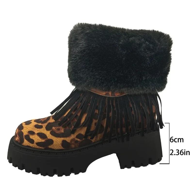 Damskie botki do kostki 2024 Moda Zima Leopard Zamsz Buty z bocznym zamkiem dla kobiet Pluszowy gruby obcas Vintage krótkie śniegowce