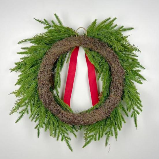 Yousheng 16 Inch Real Touch Norfolk Pine Christmas Wreath for Front Door Faux Cedar Greenery Wreath with Pine Cones And Bows for Wall Window Farmhouse