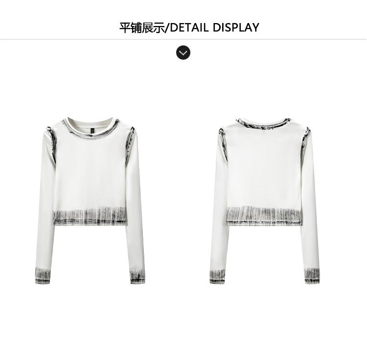Color Brushing Craft Spicy Girl Short T-shirt Fashionable Spring and Autumn Style Personalized Long-sleeved Round Neck Slim Fit Inner Top
